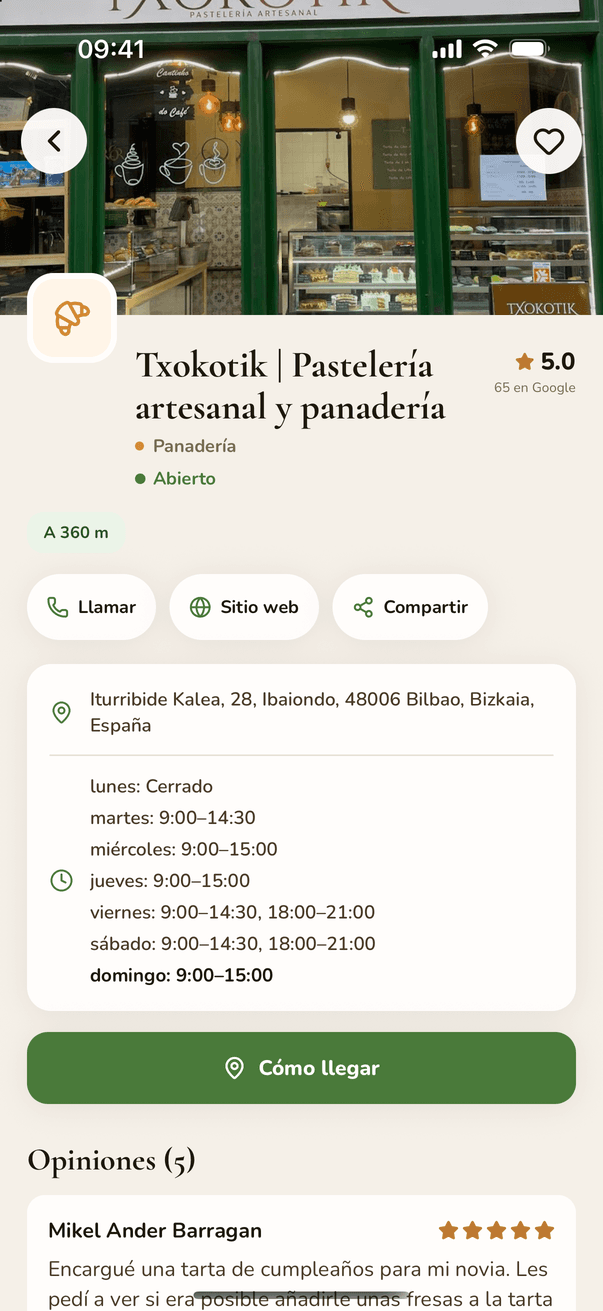 Ficha de una pastelería de barrio en Auzoko con su valoración, dirección, horarios y el botón de cómo llegar.
